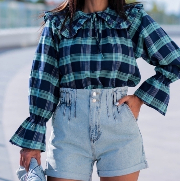 Topshop collared shirt blue plaid Peasant Baloon Sleeve Bohemian 8 Cottagecore - Picture 3 of 13